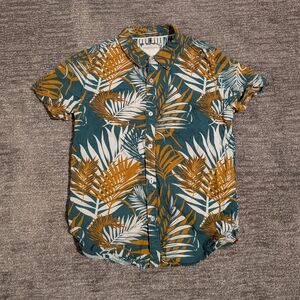 Denim & Flower Ricky Singh Men's Teal and Gold Leaf Tropical Print Shirt 9/10